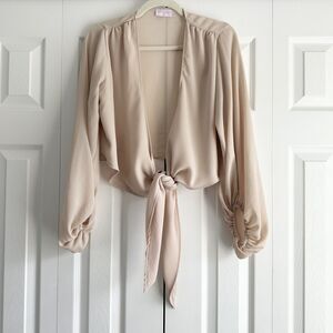 Pink Lily Beige Tie Front Crop Top Balloon Sleeve Open Front Size S Cottagecore